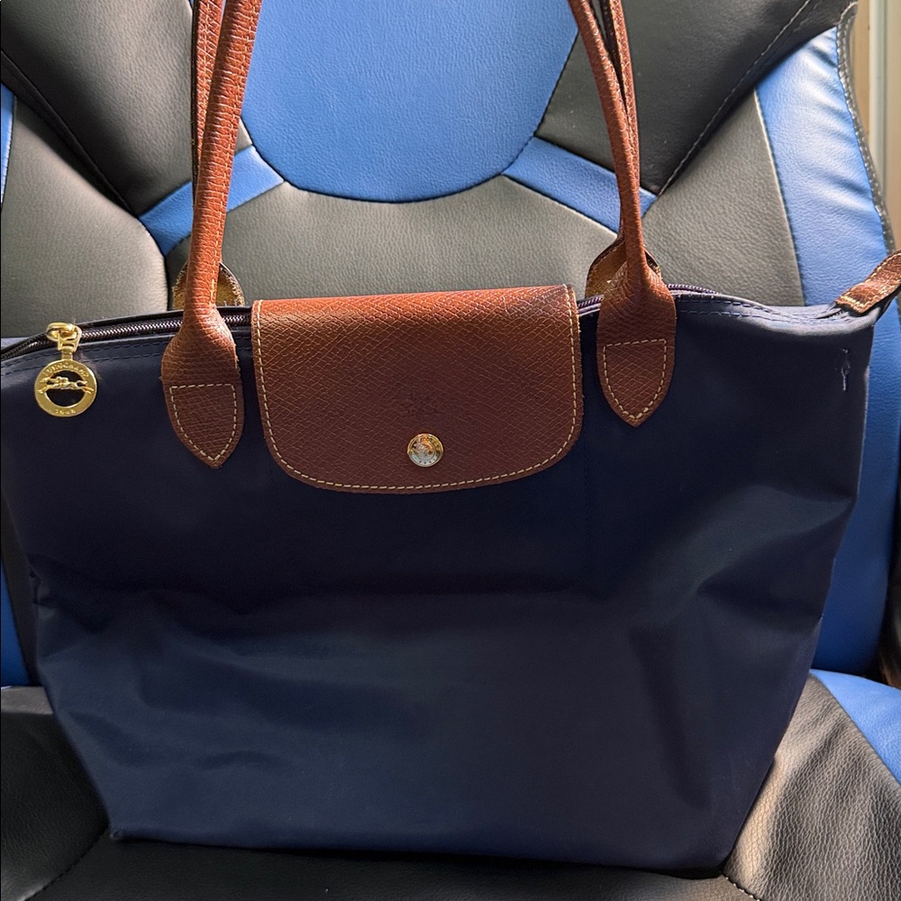 Navy Tote Bag with Brown Handles